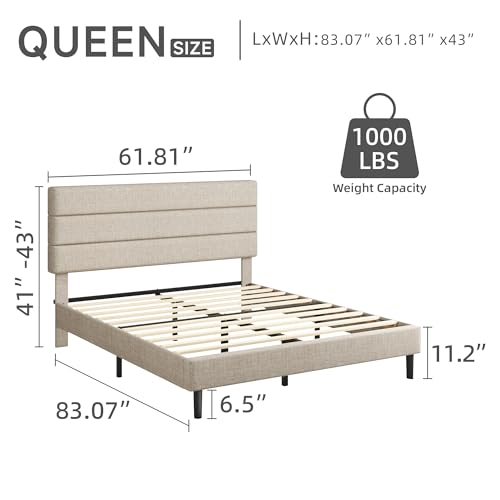 Queen Platform Bed Frame with Adjustable Linen Fabric Upholstered Headboard, view 3