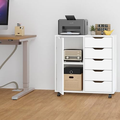 5-Drawer Chest with 1 Door, Wooden Chest of Drawers Storage Dresser Cabinet with Wheels, Office Organization and Storage, Bedroom Furniture (White-S)