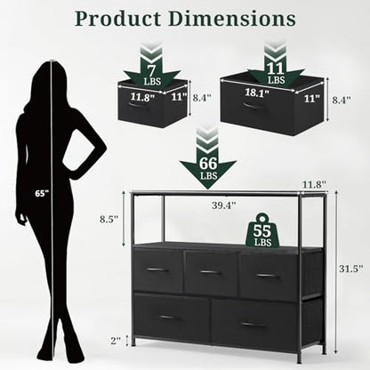 TV Stand, 5 Fabric Drawers Entertainment Center for TV up to 45 inch Wooden Media Console Table with Open Shelf, for Living Room, or Small Space, Black