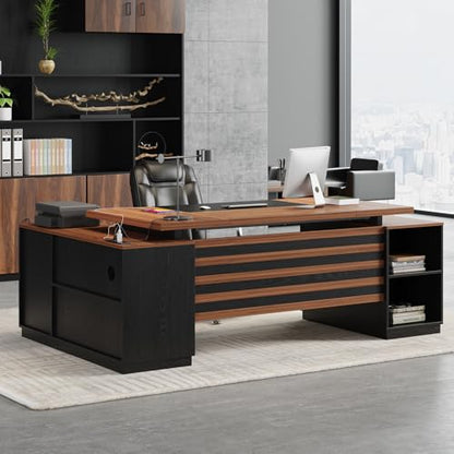 Executive L-Shaped Desk with Storage Cabinet 78-Inch, Brown Black, view 2
