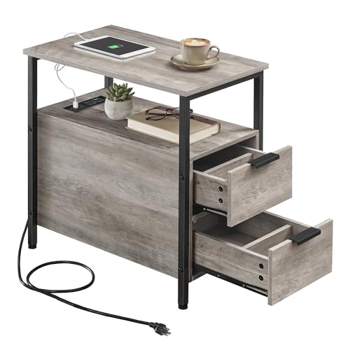 Heather greige and ink black slim nightstand with charging station, view 2