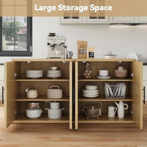 63" Fluted Buffet Cabinet, Oak Credenza with Adjustable Shelf, view 4