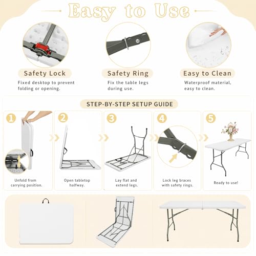 Folding Table 6 FT Lightweight Camping Table White Portable Plastic Rectangular Outdoor Dining Table Steel Legs Fold-in-Half with Carrying Handle for Indoor,Picnic,Party,Wedding,Events