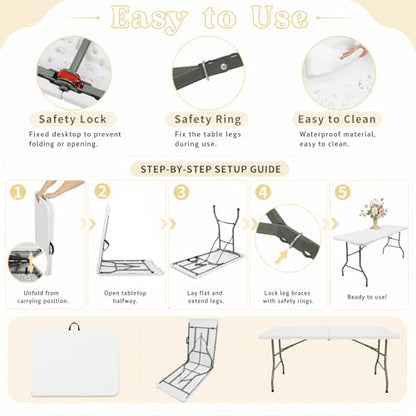 Folding Table 6 FT Lightweight Camping Table White Portable Plastic Rectangular Outdoor Dining Table Steel Legs Fold-in-Half with Carrying Handle for Indoor,Picnic,Party,Wedding,Events