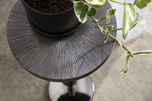 Engles Transitional Adjustable-Height Pedestal Drink Table; 10 x 10 x 30; Gray Gunmetal; Vintage Round Indoor Metal Plant Stand with Embossed Sunburst Pattern
