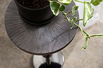 Engles Transitional Adjustable-Height Pedestal Drink Table; 10 x 10 x 30; Gray Gunmetal; Vintage Round Indoor Metal Plant Stand with Embossed Sunburst Pattern