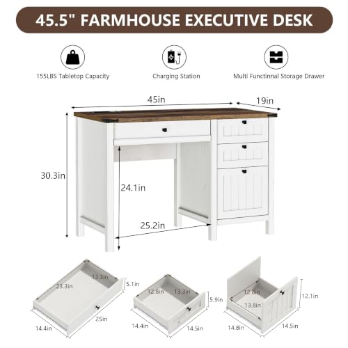 White Farmhouse Desk, 45" Desk with Outlets & File Drawer, view 3
