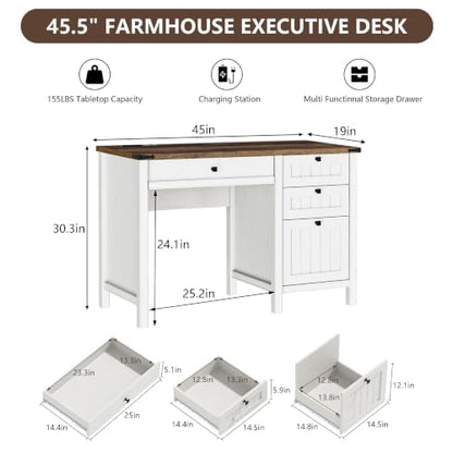 White Farmhouse Desk, 45" Desk with Outlets & File Drawer, view 3