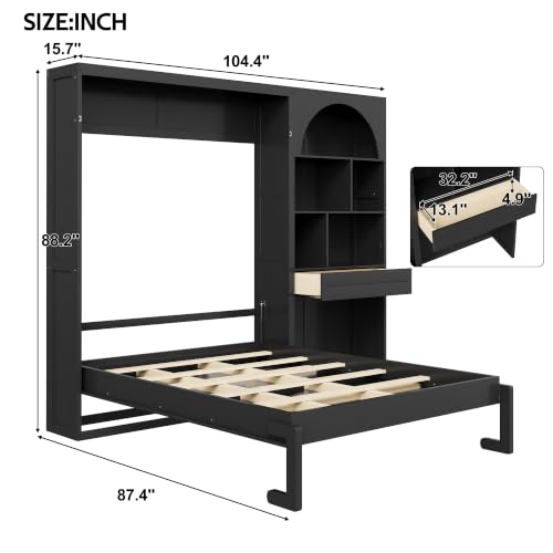 Queen Size Murphy Platform Bed with Side Cabinets, Drawer, Open Shelves | Folding Platform Bed, Murphy Chest Bed Can be Folded into a Cabinet, Multi-function Murphy Wall Bed, Small Room