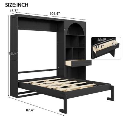 Queen Size Murphy Platform Bed with Side Cabinets, Drawer, Open Shelves | Folding Platform Bed, Murphy Chest Bed Can be Folded into a Cabinet, Multi-function Murphy Wall Bed, Small Room