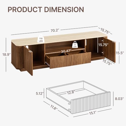 70" Mid-Century Modern Fluted TV Stand, 2 Drawer, Cabinet, Walnut, view 3