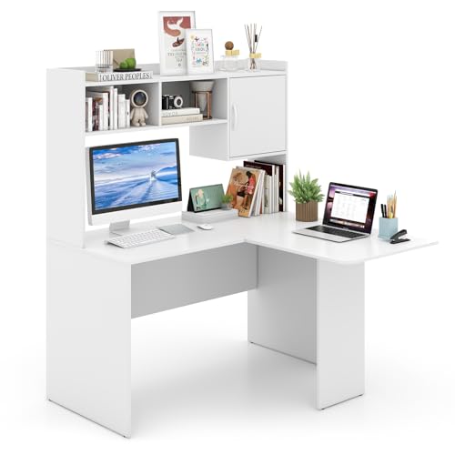 L Shaped Desk with Hutch, White Corner Desk with Storage Shelf & Cabinet, view 2