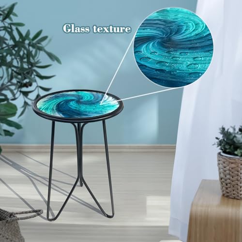 Patio Side Table, Small Round End Table, Metal Side Table Outdoor, Small Porch Table for Indoor Balcony Furniture Decor (Blue Glass 12inch)