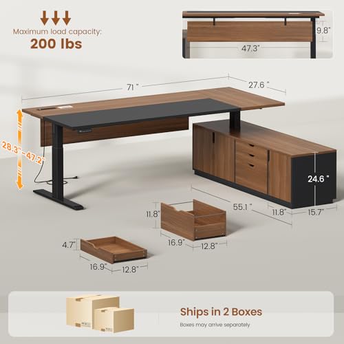 71" Executive L Shaped Electric Standing Desk, Brown, view 3