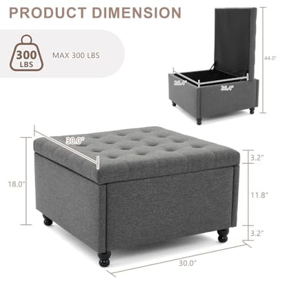 Grey Tufted Square Ottoman with Storage, Solid Wood Frame, view 3