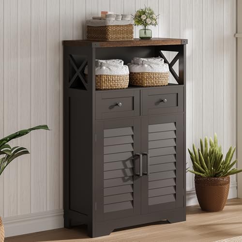 Farmhouse Storage Cabinet, Bathroom Floor Cabinet with Doors and Drawers, Kitchen Pantry Cabinet for Living Room, Laundry, Black