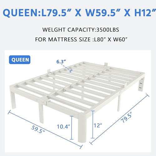 White Bed Frame Queen Size 12 Inch, Queen Bed with Metal Gaskets, view 3
