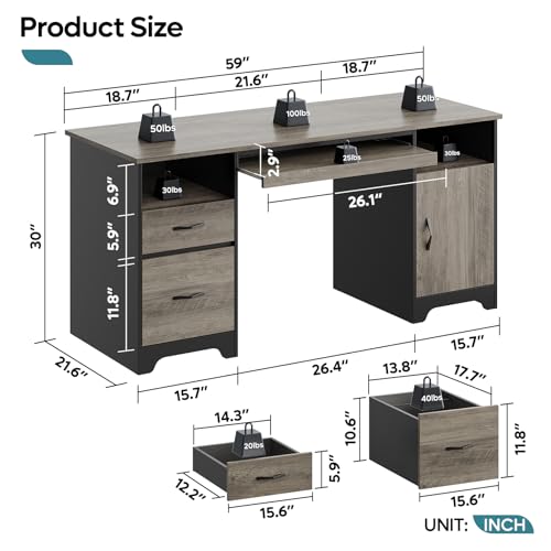 59" Executive Desk, File Drawer, Keyboard Tray & 2 Drawers, Gray, view 4