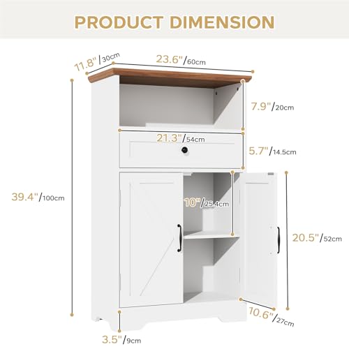 Floor Cabinet, Farmhouse Storage Cabinet with Barn Doors and Drawer, 11.81" D x 23.62" W x 39.37" H White Freestanding Adjustable Shelf Organizer for Bathroom, Kitchen, Living Room