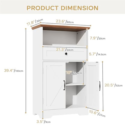 Floor Cabinet, Farmhouse Storage Cabinet with Barn Doors and Drawer, 11.81" D x 23.62" W x 39.37" H White Freestanding Adjustable Shelf Organizer for Bathroom, Kitchen, Living Room