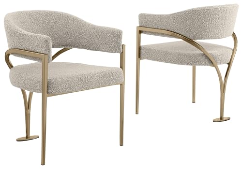 Furniture Modern Upholstered Chair in Gray Boucle Fabric with Gold Legs – Versatile Living Room & Dining Room Seating – Set of 2