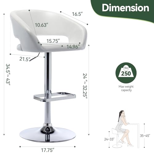 Adjustable Bar Stool with Hollow Back and Arms, Modern PU Leather Swivel Barstool, Airlift Counter Height Bar Chair for Kitchen Dining Room (Pearl White)