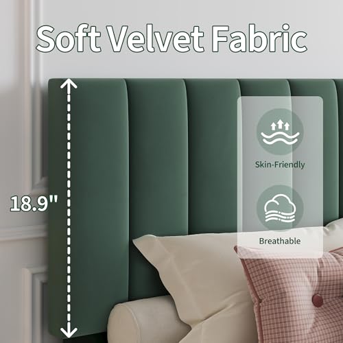 Queen Size Platform Bed Frame with Upholstered Headboard, Dark Green, view 7