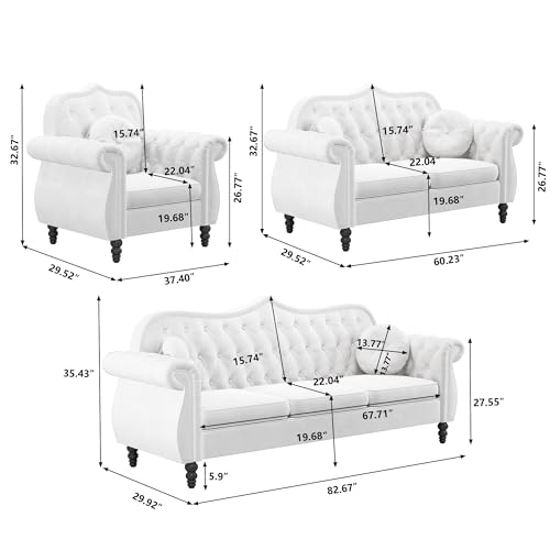 3-Piece Living Room Sectional Sofa Set, Mid-Century Modern Chesterfield Upholstered Velvet Sofa Couch, Classic Tufted Button White Couch with Nailhead Trim for Living Room, Office (White)