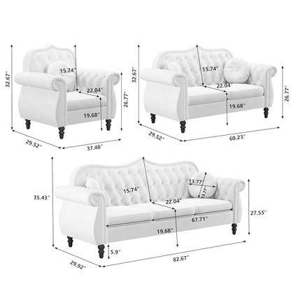 3-Piece Living Room Sectional Sofa Set, Mid-Century Modern Chesterfield Upholstered Velvet Sofa Couch, Classic Tufted Button White Couch with Nailhead Trim for Living Room, Office (White)