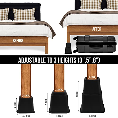 Bed Riser, 3 & 5 Inches Adjustable Furniture Risers for 8 Inch Combined Furniture Lift, Under Bed Storage & Dorm Room Essential, Supports Up to 1,300 lbs (36 Set, Black)