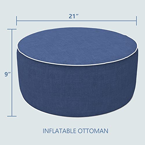 Outdoor/Indoor Inflatable Ottoman, All Weather Water-Repellent Round Footrest Stool with Handle, D21”x H9” Portable Pouf for Patio Garden Camping or Home-Navy Textured