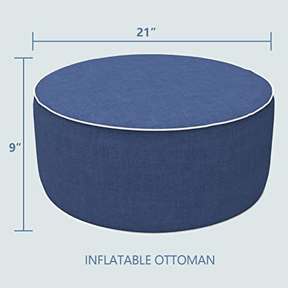Outdoor/Indoor Inflatable Ottoman, All Weather Water-Repellent Round Footrest Stool with Handle, D21”x H9” Portable Pouf for Patio Garden Camping or Home-Navy Textured