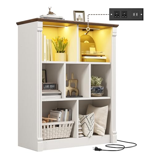 7 Cube Storage Organizer, Bookcases with LED Lighting, White | Anti-Tip Safety Design, Power Outlet Keep Cords Tidy, Sturdy Engineered Wood