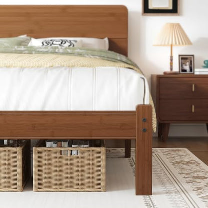 14" Queen Size Bamboo Wood Platform Bed Frame with Headboard, Brown, view 6