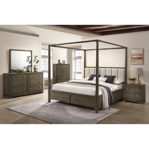 Queen Bedroom Set, 5 Piece Bedroom Set, Dark Upholstered Queen Bed Set, Transitional Bedroom with Dresser, Mirror, Chest, Nightstand