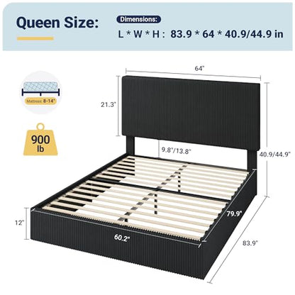 Queen Bed Frame, Adjustable Corduroy Headboard, Platform, Black, view 3