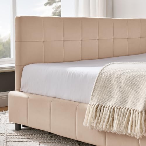 80" Velvet Fabric Floor Sleeper Sofa, Mid-Century Tufted Sleeper Chair with Unique Armrest, Upholstered Loveseat Sleeper Sofa with Easy Assembly for Living Space & Leisure Areas, Pink