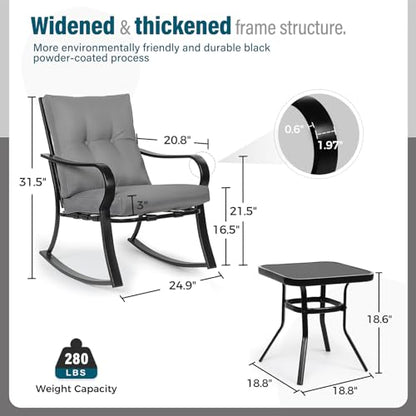 3-Piece Outdoor Rocking Chairs Bistro Set, Black Iron Patio Furniture with Gray Thickened Cushion & Glass-Top Coffee Table