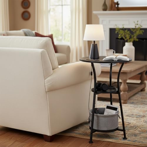 Small Round End Table for Narrow and Small Space, 3-Tier Round Accent Couch Beside Table, Modern Side Table Corner Sofa Table Nightstand for Living Room Bedroom,Black