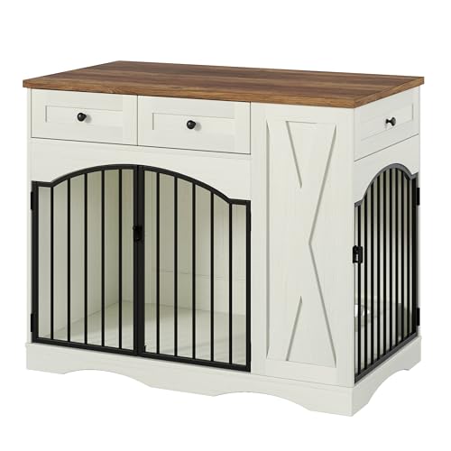 43.3" Dog Crate Furniture, Wooden Dog Kennel with 3 Drawers, Beige, view 7