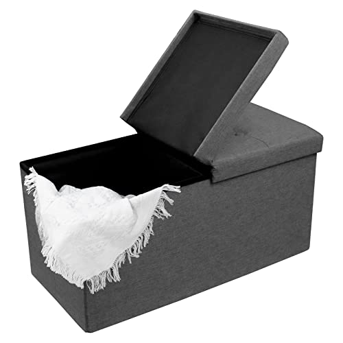 30 Inches Storage Ottoman Bench with Flipping Lid, Linen Foldable Storage Footrest, Ottoman with Storage for Living Room Holds up to 330lbs, Dark Grey