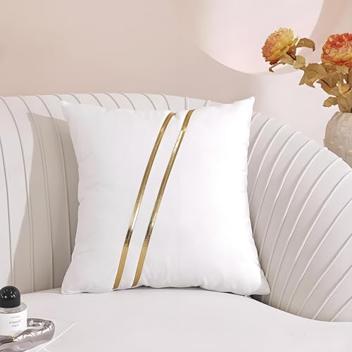 Gyulin Pack of 2,18x18 Inch Velvet Boho Throw Pillow Covers with Gold Leather Striped Stitching Modern Minimalist Square Pillowcase Cushion Covers for Bedroom Sofa Couch Living Room, White