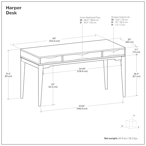 Harper Desk - 60 Inch Wide Solid Wood Writing Desk in Black, Mid-Century Modern Home Office Computer Table for Workspace or Study with 2 Drawers and Flip-Down Keyboard Tray