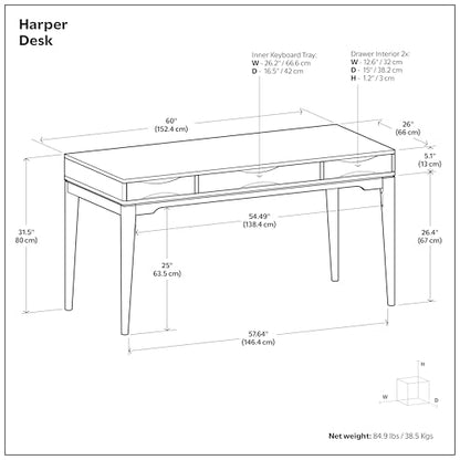 Harper Desk - 60 Inch Wide Solid Wood Writing Desk in Black, Mid-Century Modern Home Office Computer Table for Workspace or Study with 2 Drawers and Flip-Down Keyboard Tray