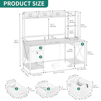 59.1" Computer Desk with Drawers & Hutch, Power & LED, White, view 3