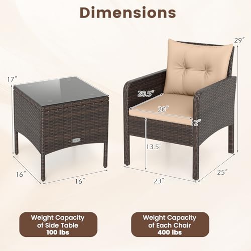 3 Pieces Patio Furniture Set, Outdoor Rattan Wicker Conversation Set with Coffee Table & Cushions, Patio Sofa Set for Garden Balcony Backyard Poolside