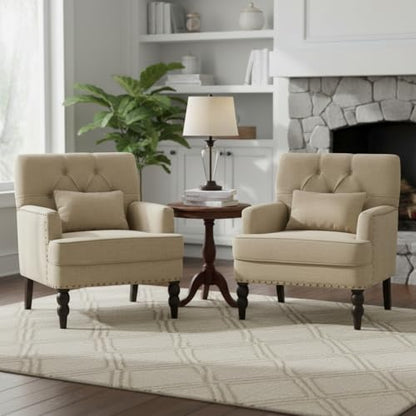 Tufted Club Chair Set of 2 with Lumbar Pillow,Accent Chair Upholstered Button Armchair, Linen Fabric Sofa Chairs for Bedroom, Living Room, Mid Century Modern Reading Chair,Brown
