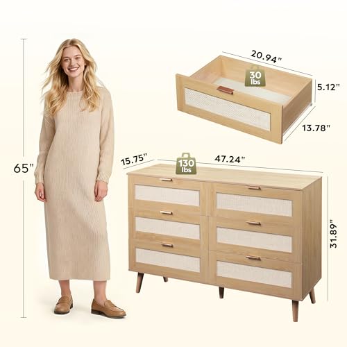Rattan TV Stand, 6-Drawer 47.24'' Wide Boho Wood TV Console, Gold Metal Handle, TV Stand for 55 inch TV, Storage for Living Room, Office, Light Oak