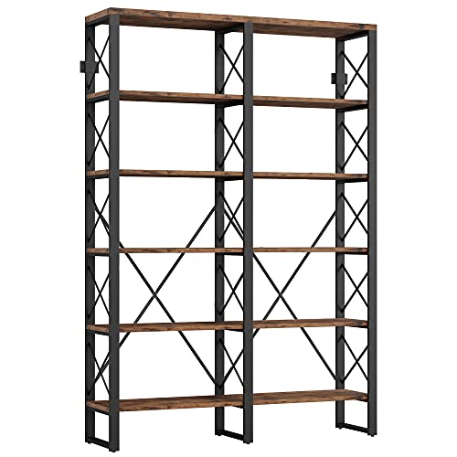 Bookshelf Double Wide 6-Tier 76" H, Open Large Bookcase, Industrial Style Shelves, Wood and Metal Bookshelves for Home Office, Easy Assembly