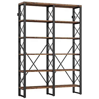 Bookshelf Double Wide 6-Tier 76" H, Open Large Bookcase, Industrial Style Shelves, Wood and Metal Bookshelves for Home Office, Easy Assembly